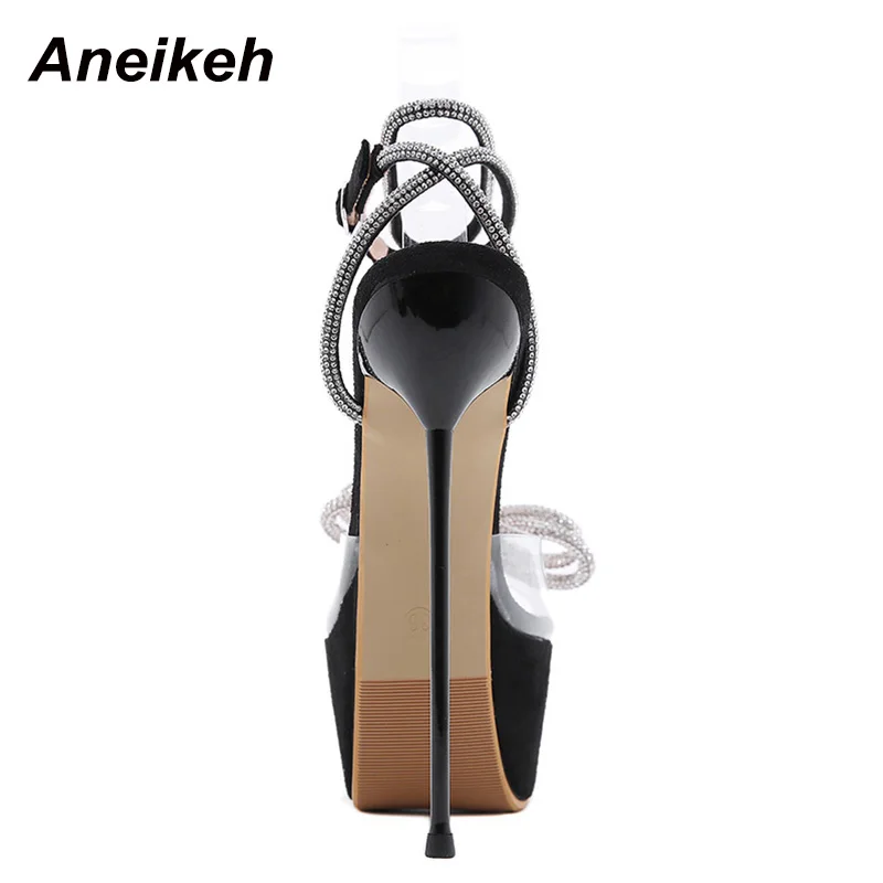 Aneikeh Zapatos Para las Mujeres 2021 Dulce Mariposa Nudo Limita Bling Cristal de Patchwork zapatos de Tacón Alto Sandalias de PVC de Verano NUEVA 34-40 Negro 2