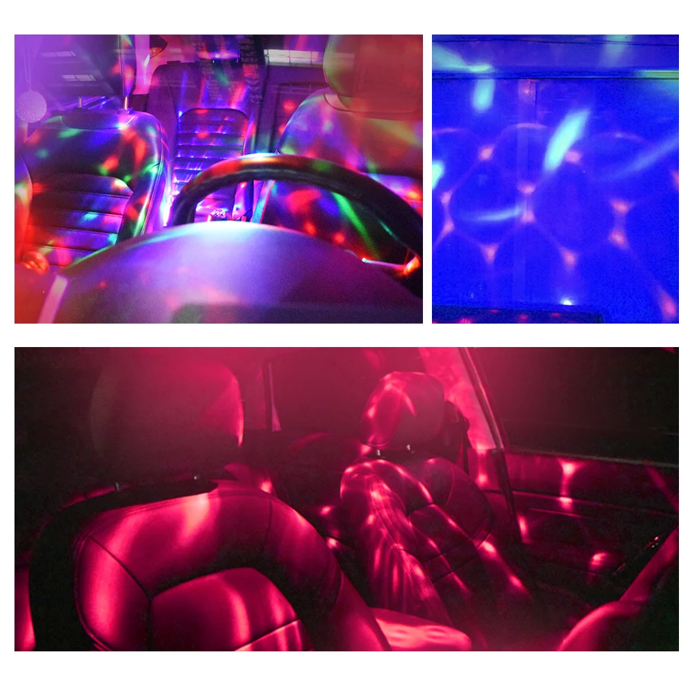 Fiesta DJ Luces RGB LLEVÓ Luces de la Etapa de Sonido Activado la Rotación de la Bola de Discoteca de Coche USB de Luz Ambiental Interior del Coche Atmósfera de la Lámpara 2
