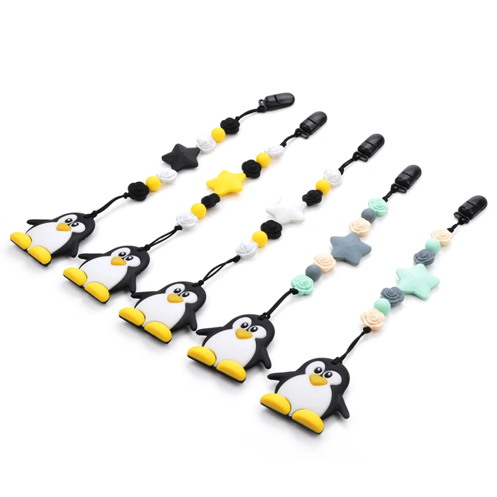 De silicona de Juguete Penguin Libre de BPA de Enfermería Suave y Corta la Cadena Colgante Collar de Flores de Perlas Portador de la Seguridad del Bebé Titular de Accesorios 2