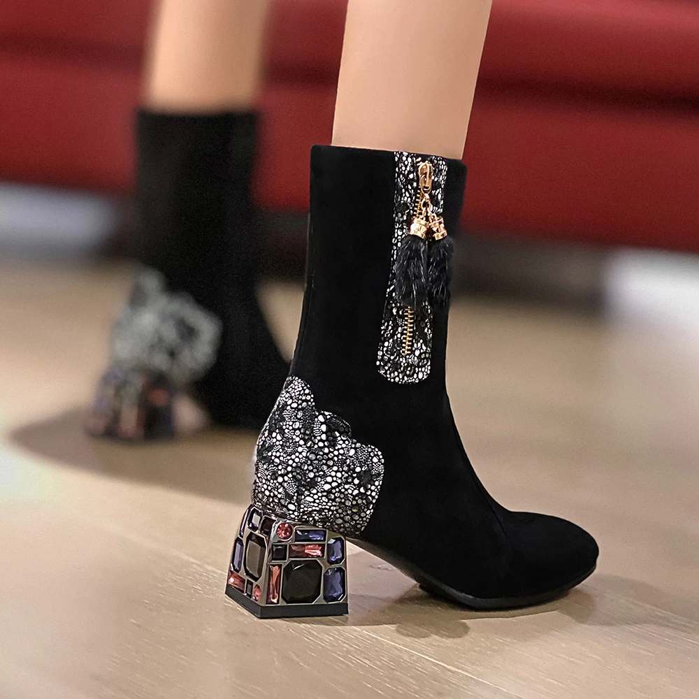 Kickway de Cristal de tacón botines para mujer de imitación de gamuza de piel de la bola de la borla de brillo de la temporada Otoño-invierno zapatos de las mujeres negro de tobillo botas mujer 2
