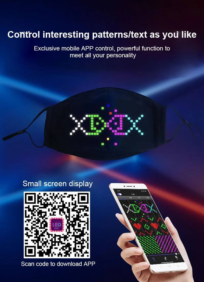 LED programables máscara reutilizable 576 LED de Bluetooth de emisión de luz de la máscara de teléfono móvil de edición de visualización del patrón de algodón de la máscara de Halloween 2