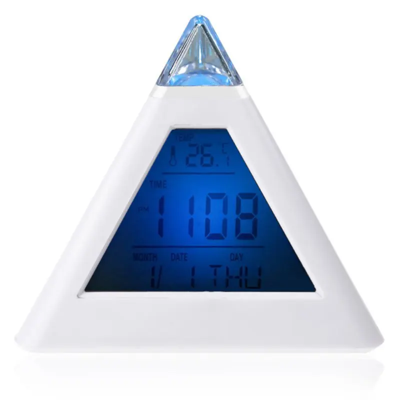 7 LED Cambia de Colores Pirámide LCD Digital de la Repetición de la Alarma del Reloj de Tiempo de los Datos de la Semana de la Temperatura Termómetro C/f Hora Inicio AB 2