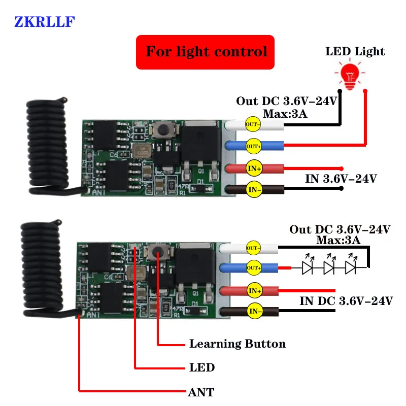 433mhz DC 1CH 3.6 V 8V 12V 24V Mini Relé de Control Remoto Inalámbrico RF Interruptor de encendido LED de la Lámpara del Controlador Micro Transmisor-Receptor de 2