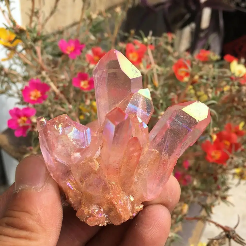 Rara hermosa rosa llama aura de cristal de cuarzo de clúster muestra 60-70 2