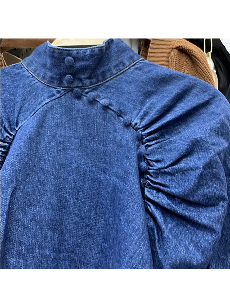 Envío gratis pesados de artesanía de las mujeres del dril de algodón de la moda plisada corta camisa de 2020New damas de otoño de manga larga de atrás de la cremallera de la parte superior de la camisa XL 2