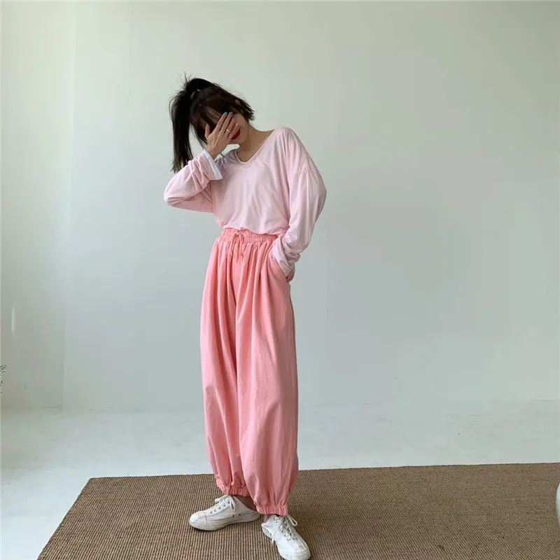 La mujer Elástica de Cintura Alta Corredores de rosa Púrpura del Harem de los Pantalones Femeninos Sólido Más el Tamaño de los Pantalones Sueltos Harajuku Deportivos de Streetwear 2