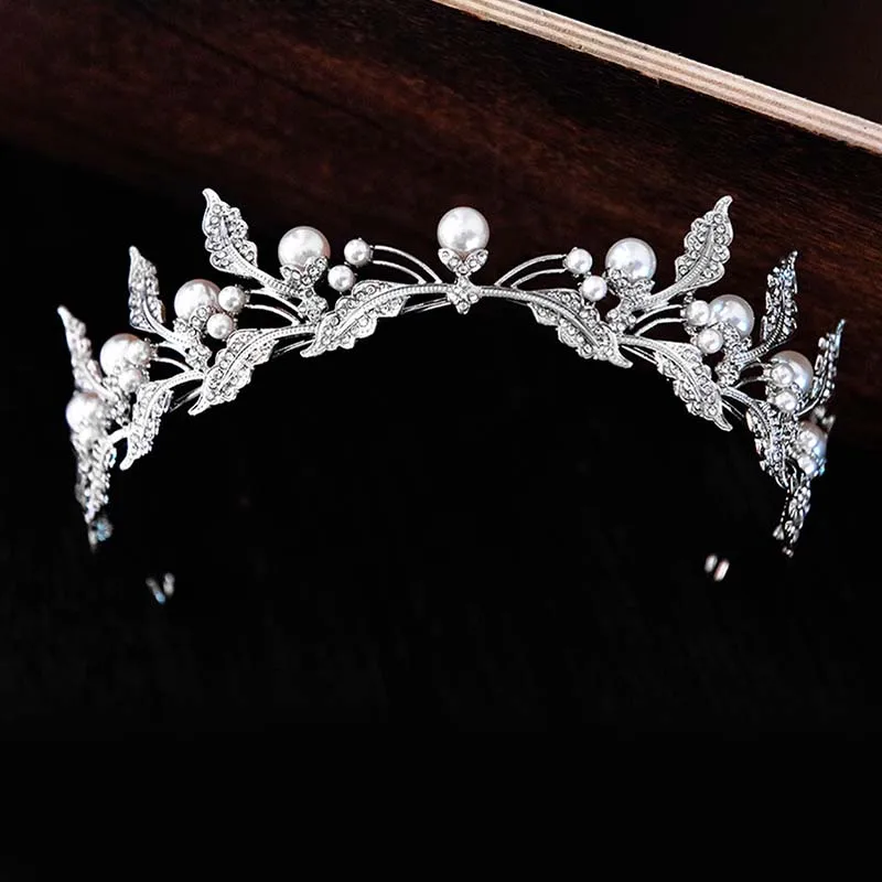 FORSEVEN hecho a Mano de la Perla de la Aleación de la Corona de Hojas de Forma Diadema de Novia Diademas de Novia de Lujo de diamantes de imitación Tiara de Cabello en Mujeres Accesorio LB 2