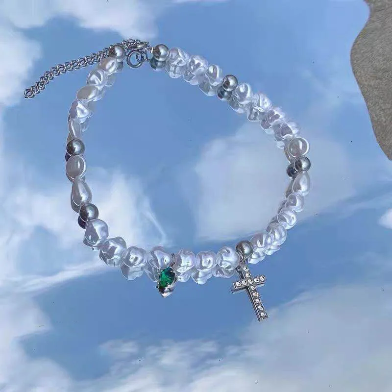 La perla de la Cruz del Collar de la Perla Irregular de la Cruz de la Cadena de Metal Bead Hebra de la Cadena Collar Elegante Avanzado Diaria de las Mujeres de la Joyería 2