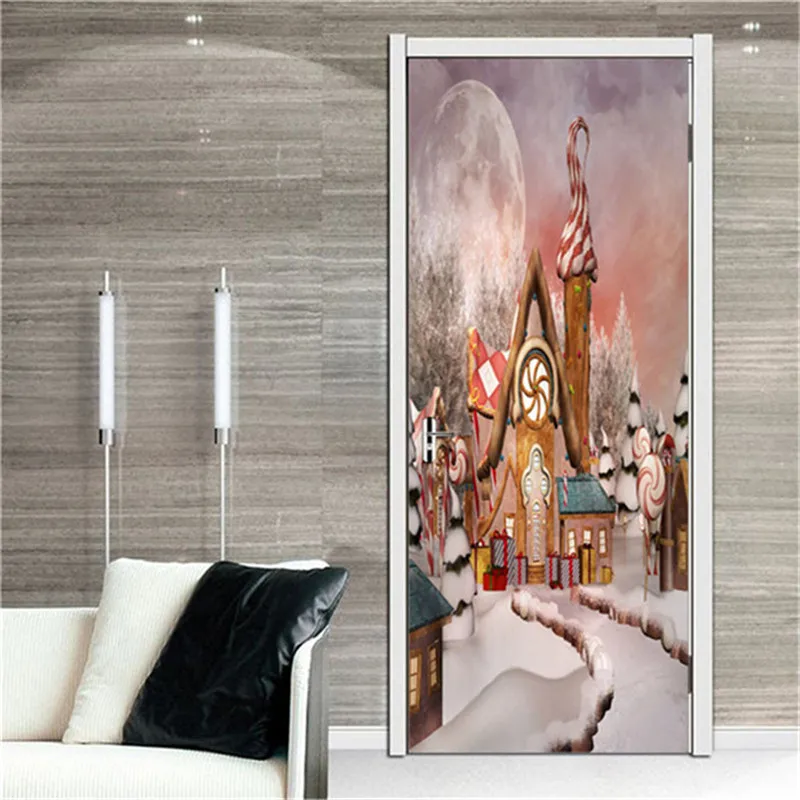 Navidad Árbol de la Puerta del PVC Pegatinas de Pelar y pegar papel Tapiz de las Puertas 3D Impermeable de Diseño para el Hogar Decoración de Santa Claus Mural de Calcas Para la Habitación de los Niños 2