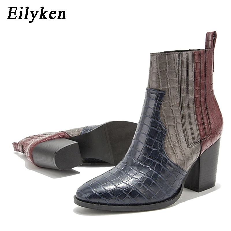 EilyKen Nuevos Colores Mezclados de Serpiente de grano de Tobillo Botas Mujer Plaza de los Tacones de los Zapatos de cordones de Cuero de la Pu Tacones Gruesos Chelsea Botas de las Mujeres 2