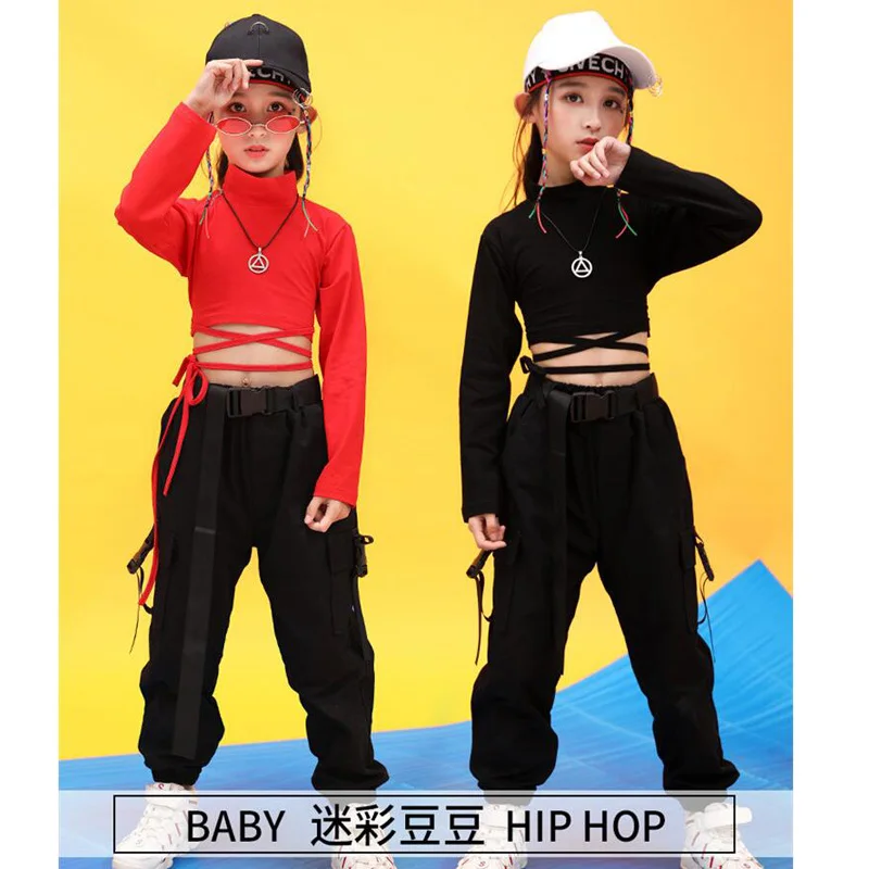 Los niños de Hip Hop Ropa Sudadera Camisa de color Negro la parte Superior de los Cultivos Pantalones Casuales para Niña de Danza Jazz Traje de baile de Salón de Baile Ropa de Desgaste 2