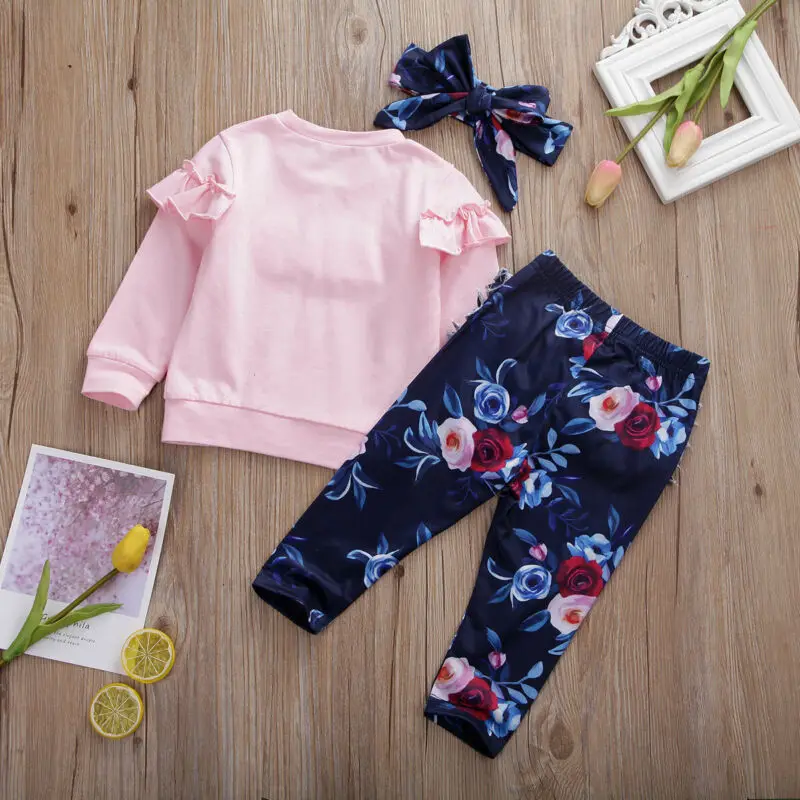Bebé recién nacido Niña Volantes de Manga Larga T-shirt Tops Pantalones de Flores de Otoño en Primavera Traje de las Niñas Ropa 2