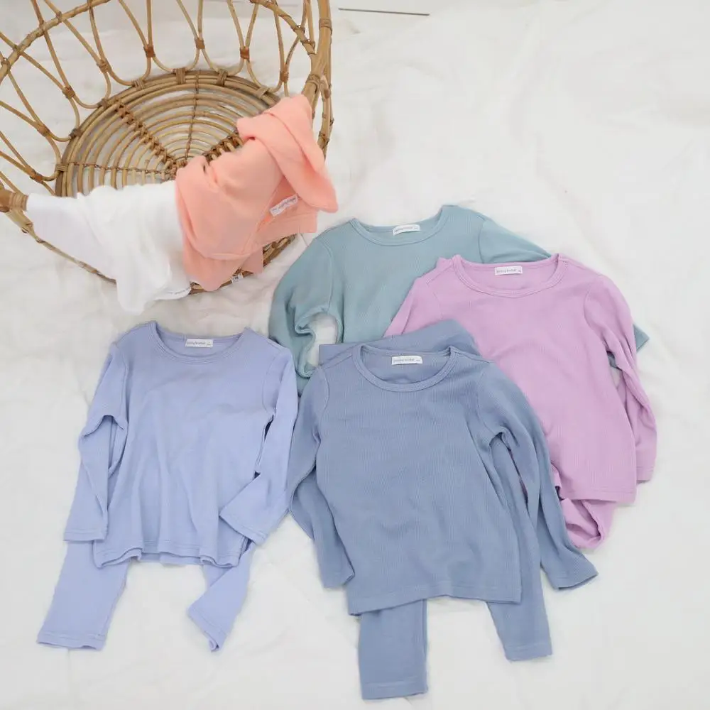 Bebé Niño Niña Pijama Conjuntos Acanalado Pijamas de Color Caramelo Pequeño Niño de Algodón ropa de dormir de Bebé Mono Casa Traje de 2 PIEZAS de Ropa 1-7Y 2