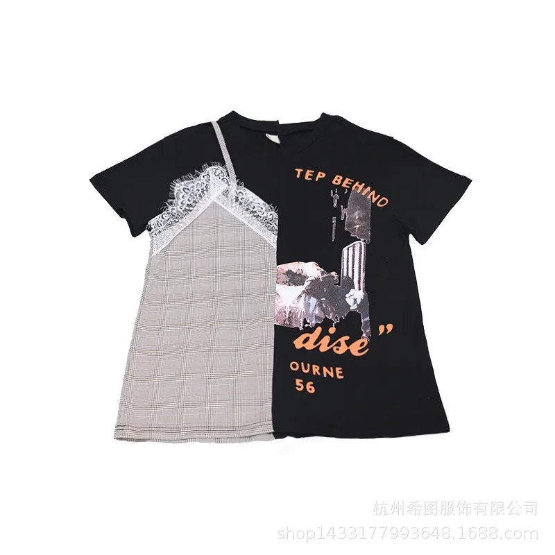 2020 verano nuevo estilo de costura de falsos diseño impreso de manga corta T-shirt niñas niños 2