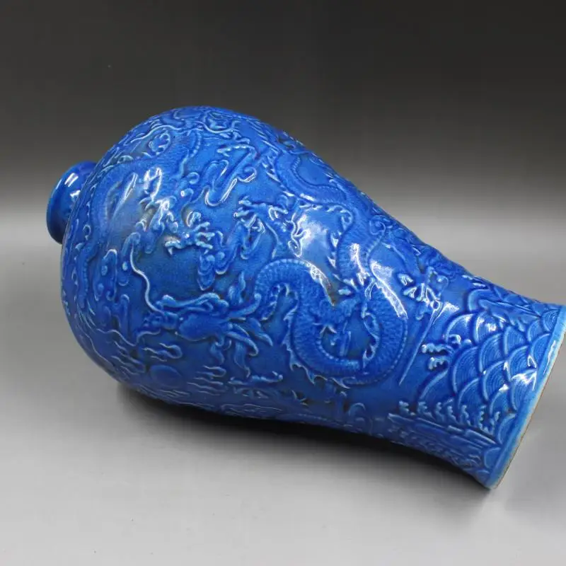 De la Dinastía Qing Qianlong Marca del Año relieve tallado dragón patrón jarrón de cerámica de porcelana antigua equipamiento del hogar antigüedades 2
