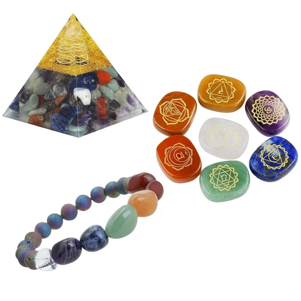 7 Chakra Curativo de los Cristales de Kit,el arco iris de la Pulsera,Grabado Chakra Símbolo de Equilibrio de las Piedras,de Orgón de la Pirámide para la Meditación,el Reiki,la Wicca 2