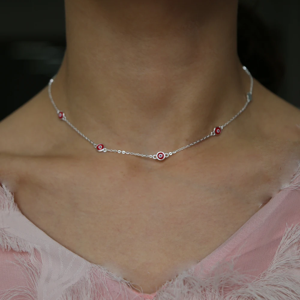 Encantos Boho de la plata esterlina 925 de la Cadena Azul rojo Perlas Mal de Ojo Collar para las Mujeres de la Moda de los Collares de kolye colar collares 2