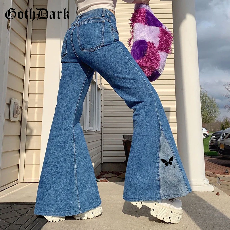 Goth Oscuro Y2k Estética Gótica Flare Jeans E-Chica Flaco De Cintura Alta Del Mosaico De Los Pantalones De Las Mujeres Ropa De La Mariposa De Impresión Pantalones 2