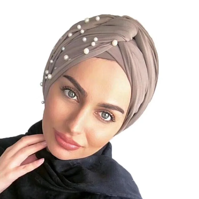 Nuevo las Mujeres Musulmanas de la Perla Abalorios Elástica Turbante Sombrero de Cáncer de Cabeza hueca Envoltura de algodón giro Quimio Gorro Beanie Hiyab Gorras Sombreros 2