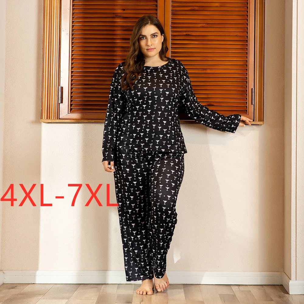 Damas de otoño invierno plus tamaño pijama conjunto de las mujeres de casa de desgaste traje de manga larga de impresión negro T-shirt y pantalones 4XL 5XL 6XL 7XL 2