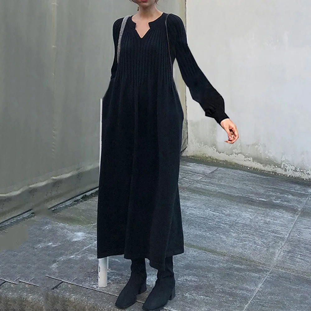 Las Mujeres De Punto Vestido De Otoño Invierno Coreano Japonés Estilo Color Sólido Casual Simple Suelto De La Linterna De La Manga Una Línea De Vestidos De Suéter 2