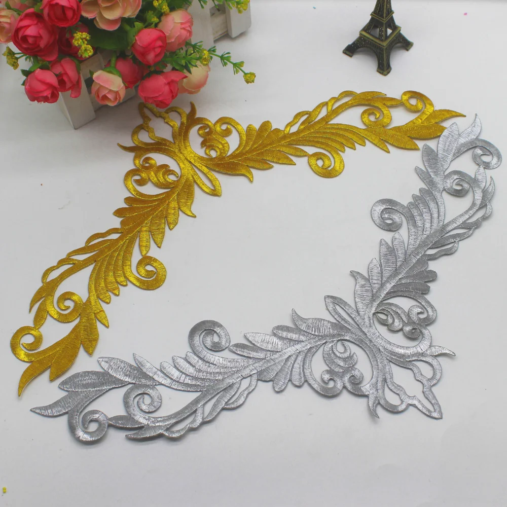 YACKALASI de Hierro En Oro de la Flor de Parches Bordados Diy Vestido con Apliques de Traje de Cosplay 10.5*37cmcm 2