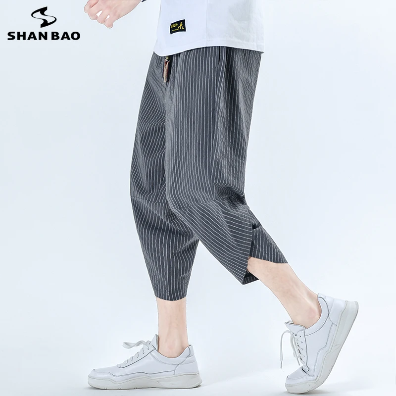 De los hombres casual suelto rayas recortada pantalones de verano de 2020 personalidad con cuentas cintura elástica estilo Chino de algodón de lino pantalones casuales 2