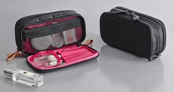 Negro de nylon con doble cremallera bolsa de cosméticos femeninos de doble cara de viajes de lavado bolsa de almacenamiento 2