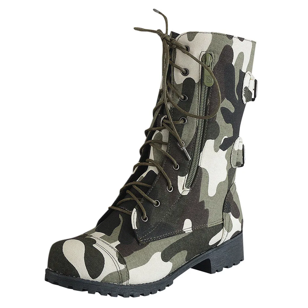 SAGACE de invierno para Mujeres zapatos planos forro de correas de tobillo de camuflaje de combate militar casual camuflaje de tacón bajo las botas de combate 2