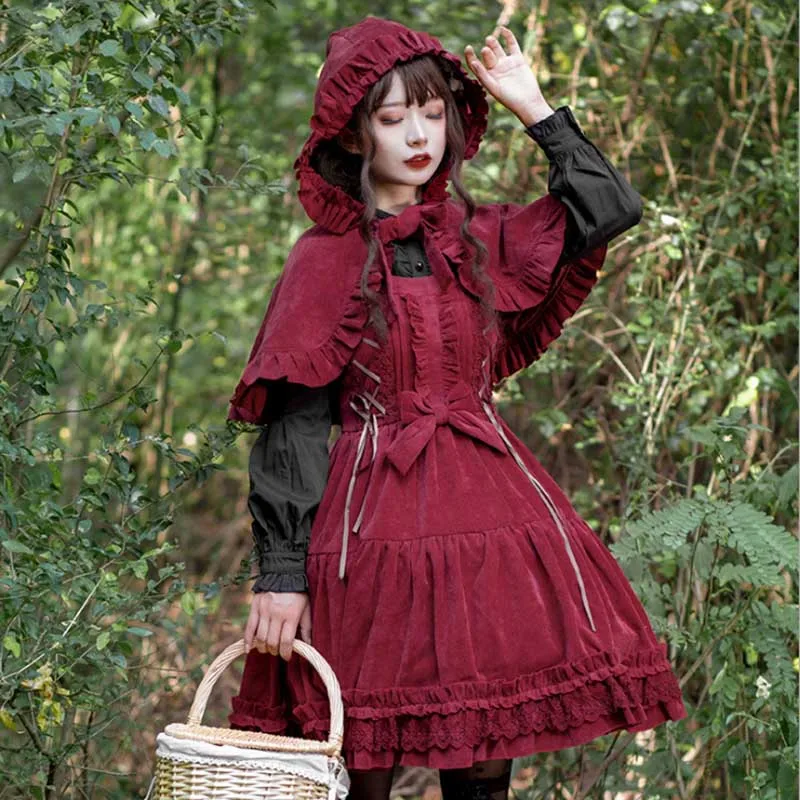 Gothic Lolita Vestido de las Mujeres de la Vendimia del Danubio JSK Delgado de Cintura Alta del Arco Negro Rojo de Pana Vestido Con Manto Para la Virgen de las Niñas Más el Tamaño 2