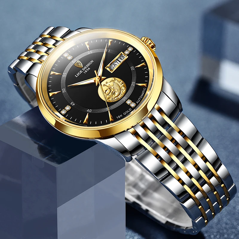 2020New LIGE los Hombres Reloj de la parte Superior de la Marca de Lujo de Oro de Negocio de los Relojes Mecánicos De los Hombres de Acero Inoxidable 100M Impermeable Reloj Automático 2