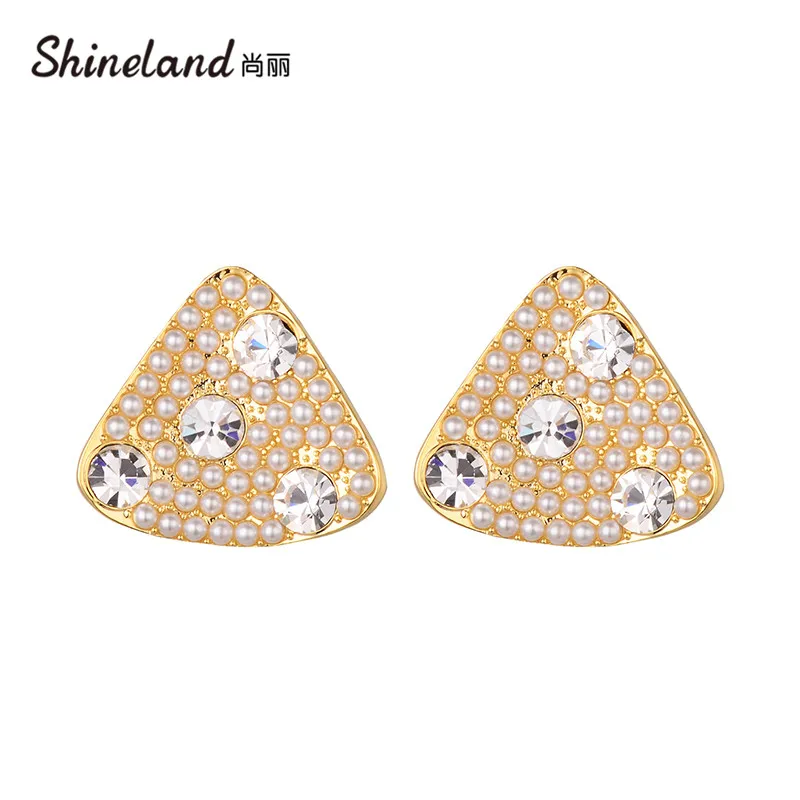 Shineland Elegante de Lujo Simulado Perla Cristal Triángulo Pendientes del Perno prisionero para las Mujeres Geométrica de Metal Brincos de la Moda de Joyería de Regalo 2