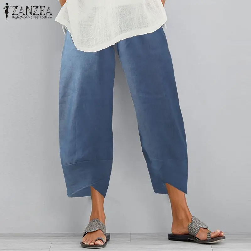 Más el Tamaño de las Mujeres del Dril de algodón Pantalones de color Azul ZANZEA 2021 Elegante Primavera arem Pantalones de Cintura Elástica Pantalon Mujer Casual Sólido Nabo 2