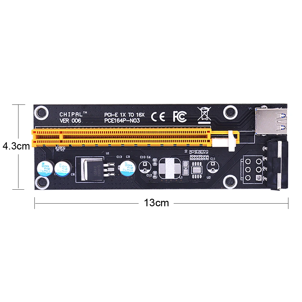 CHIPAL VER006 PCI-E Tarjeta Vertical 006 PCIE de 1X a 16X Adaptador de Extensión de 60 cm de Cable USB 3.0 SATA de 4 pines Molex de Alimentación Minero para la Minería de 2