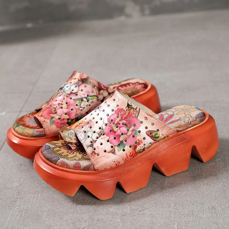 Johnature Plataforma Zapatillas De Cuero Genuino Zapatos De Las Mujeres Florales Diapositivas 2020 Nuevo Verano Fuera De Desgaste Cuñas Casual Zapatillas De Damas 2