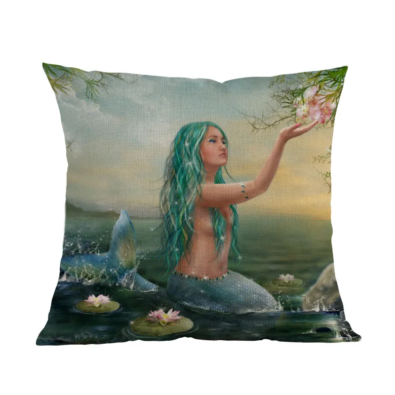 Hermosa Princesa de Fantasía Azul Sirena puesta de sol en el Pelo Largo Belleza Sexy Tiro de Almohada de Sofá de su Casa Decoración de la funda del Cojín 2