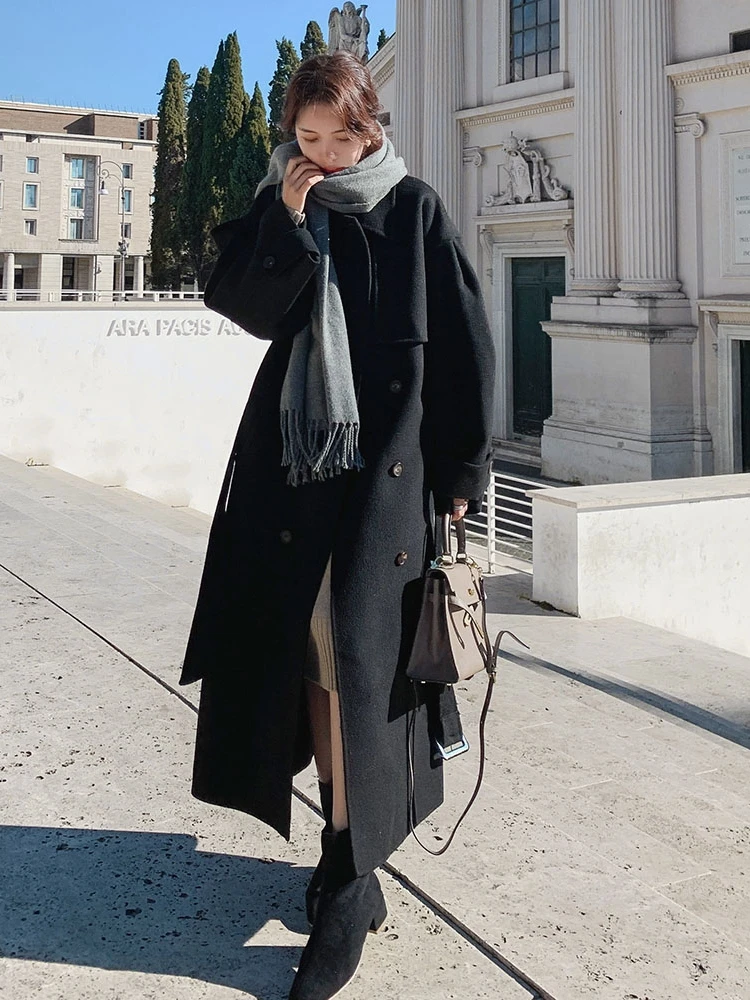 De Longitud mediana Negro Abrigo de Lana de las Mujeres 2020 Nuevo Invierno coreano Estilo Hepburn Grueso de la Moda Clásica de Cachemira Abrigo Casaco Feminino 2