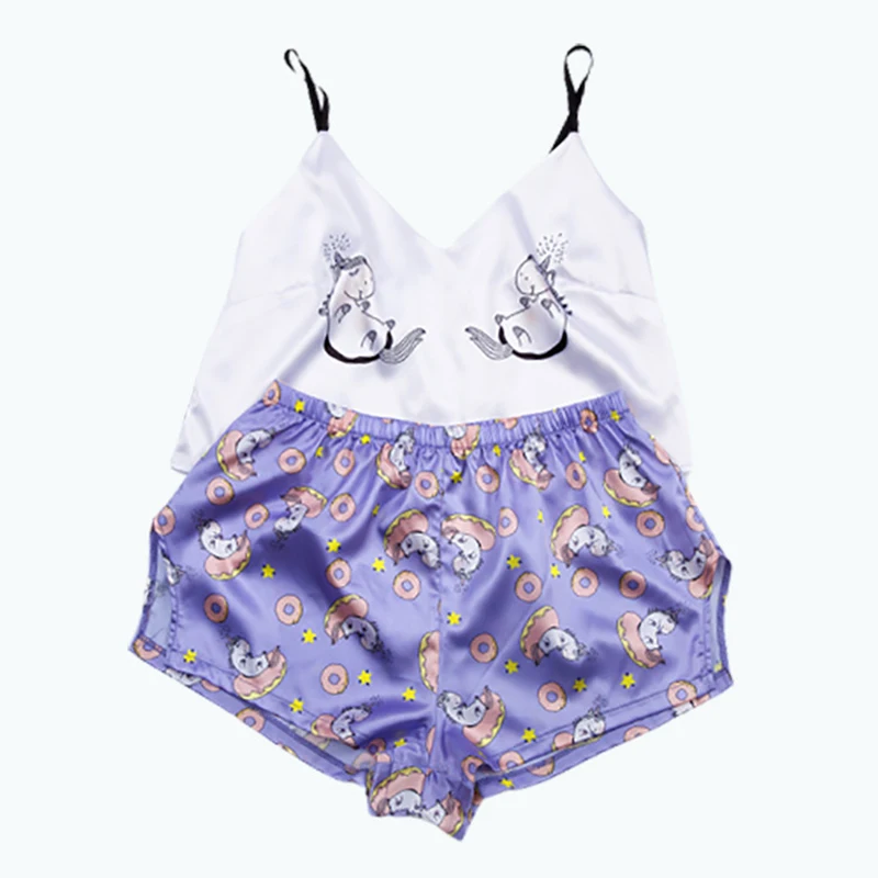 2020 Nuevo Diseño Sexy Pijama de Seda de las Mujeres Unicornio de Impresión Gallus V sin Mangas con Cuello en la parte Superior 2pcs ropa de dormir Camisón Conjunto de Pijama 2