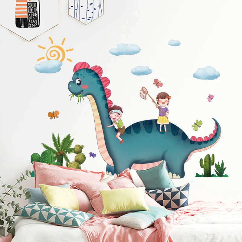 Dibujos animados de dinosaurios niños jugando etiqueta engomada de la pared creativos de los niños decoración de la habitación de dormitorio pegatinas infantiles auto-adhesivo de decoración para el hogar 2
