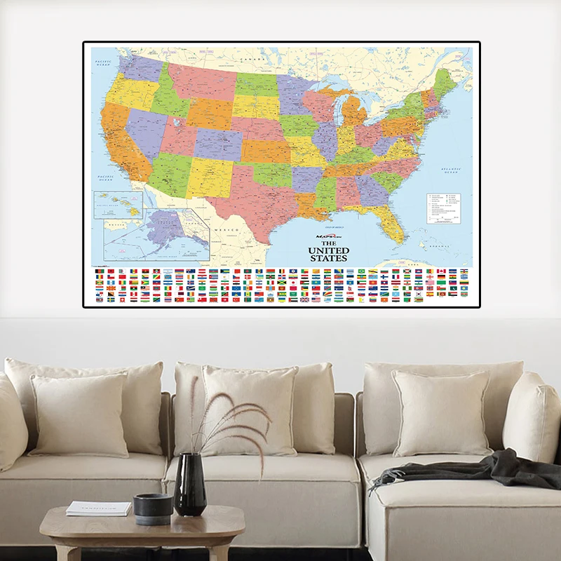 150x100cm No tejida Mapa de Los Estados unidos con Banderas Nacionales Detallado Mapa de América del Vintage de la Imagen de la Cultura de la Educación 2