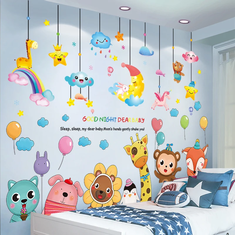 [shijuekongjian] Animales de dibujos animados Globos Pegatinas de Pared DIY Nubes la Luna de vinilos para Niños Dormitorio de la Habitación del Bebé Decoración de la Casa 2
