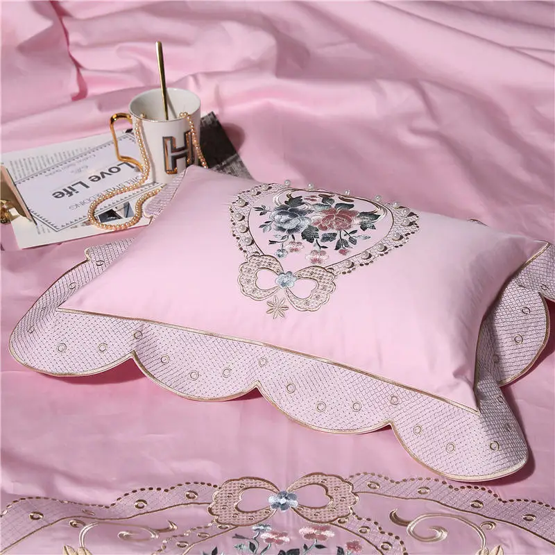De lujo de color Rosa Azul de ropa, rey y reina de tamaño de cama conjunto de bordados de Cama de Algodón Egipcio juego de sábanas de Cama funda de Edredón juego de ropa de cama 2