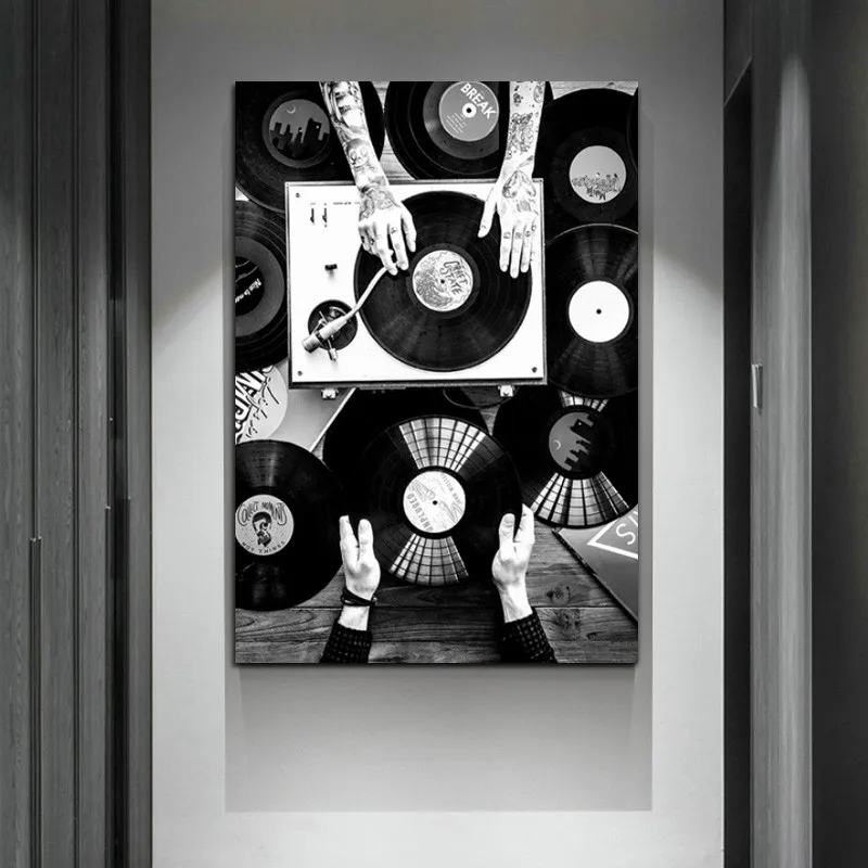 Discos de vinilo de la Pared de Arte de Pintura en tela, en Blanco y Negro de la Vendimia de la Música Posters y Impresiones de Imágenes de la Pared para la Sala de estar Decoración para el Hogar 2