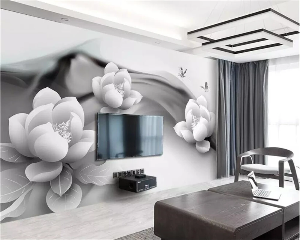 Beibehang Personalizados en 3D Mural de papel pintado en blanco y Negro tinta de loto de la mariposa Hotel Cafe de Fondo de papel tapiz para paredes 3 d tapeta 2