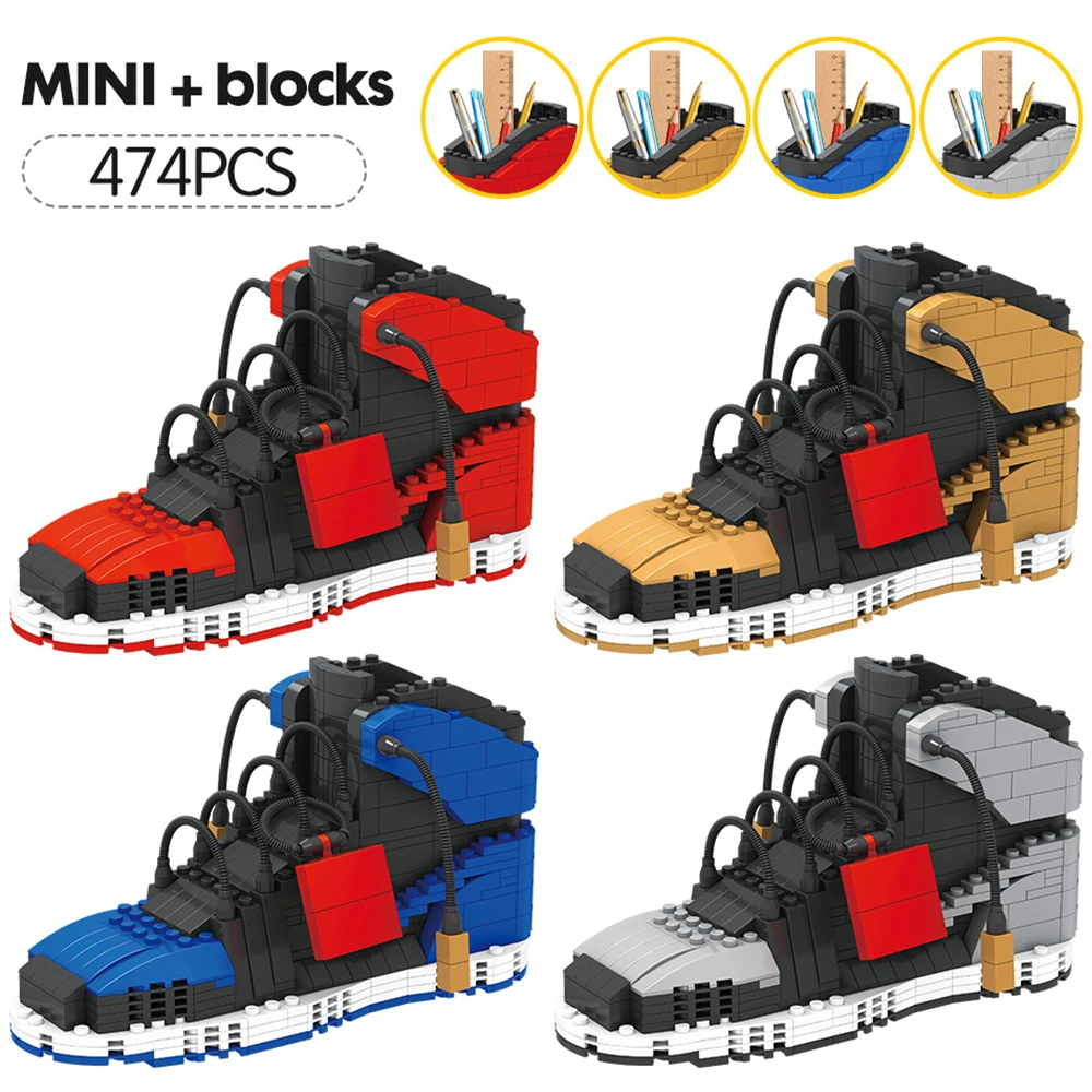 474pcs zapatillas de deporte de bloque de construcción sostenedor de la pluma de los deportes de zapatos de baloncesto de pequeñas partículas de ladrillos Lápiz de la caja de juguetes para los Niños 2