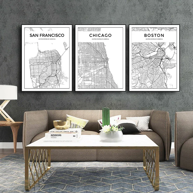 América estados UNIDOS Mapa de la Ciudad Carteles y Grabados Abstractos, Pinturas en Lienzo Blanco y Negro de Nueva York, San Francisco de Arte de Pared de Imagen de Decoración para el Hogar 2