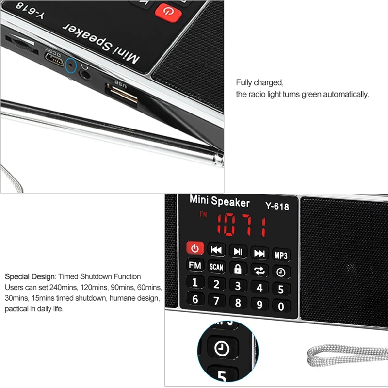 Y-618 Mini Radio Fm Digital Portátil de Doble 3W Altavoz Estéreo de Mp3 Reproductor de Audio de Alta Fidelidad de Sonido de Calidad W/ 2 Pulgadas de Pantalla Scr 2