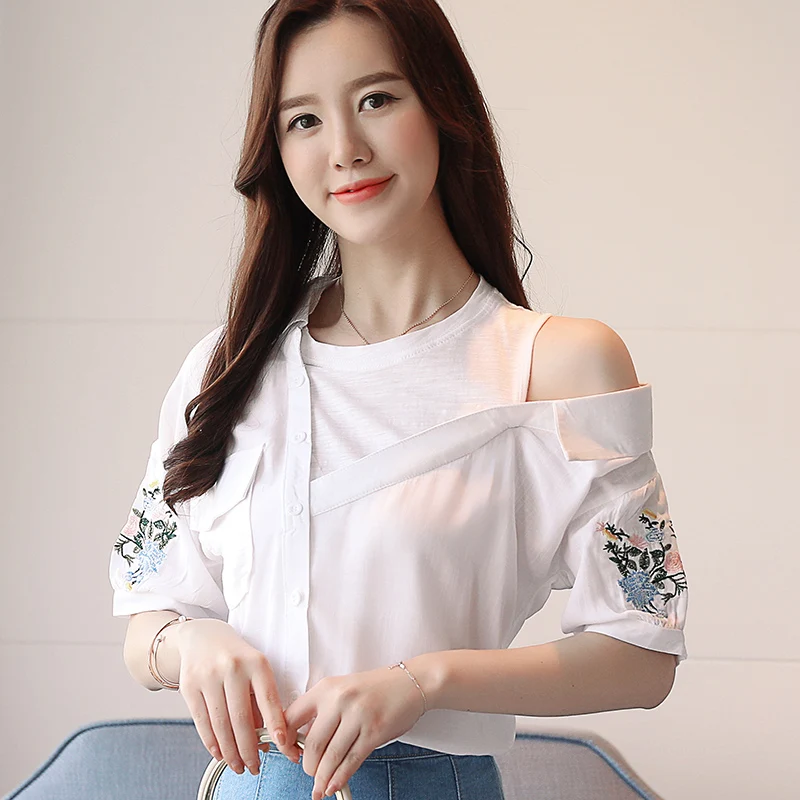 Mujeres Camisetas De 2021 Camisa Blanca Blusa De Las Señoras Tops Coreano De La Moda De Ropa Camisetas De Rayas Bordado Blusa De Las Mujeres 2701 50 2
