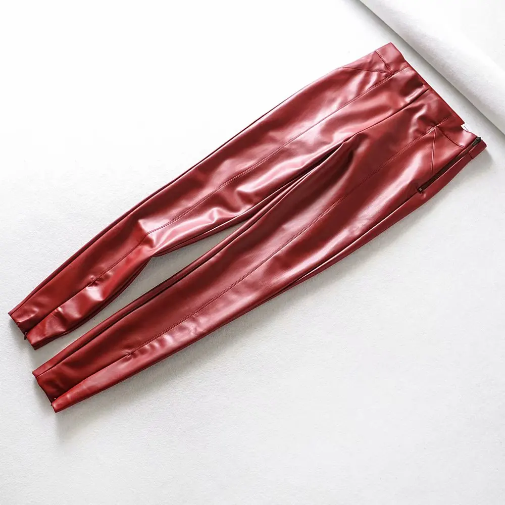 La moda Otoño Invierno de las Mujeres de Alta Wasit de Imitación de Cuero Pantalones de Dama de Rosa Rojo Negro de Lana de la PU de las Cremalleras Flaco Tramo Lápiz Pantalones 2