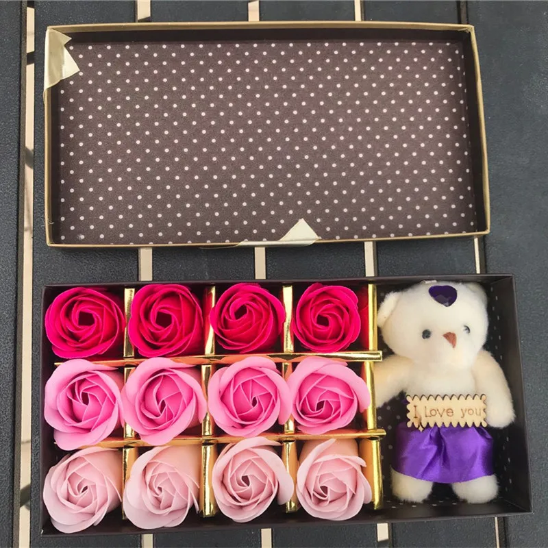 Kawaii Artificial de la felpa del oso de peluche juguetes con ramo de flores de jabón del molde de la flor de la rosa del molde del Día de san Valentín deshierbe de las flores de la decoración de la caja 2